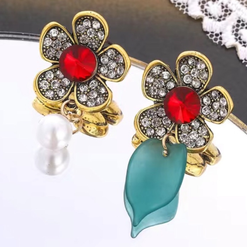Flower Inlaid Zircon Dangle Earrings With Faux Pearl 18k Gold Plated Jewel Tones